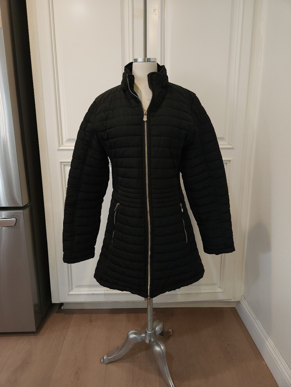 Black Quilted Women's Coat with Stand Collar